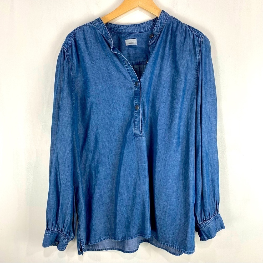 Chico's Chambray Button Popover Flowy Blouse Shirt Top Coastal Grandma 2 or 12